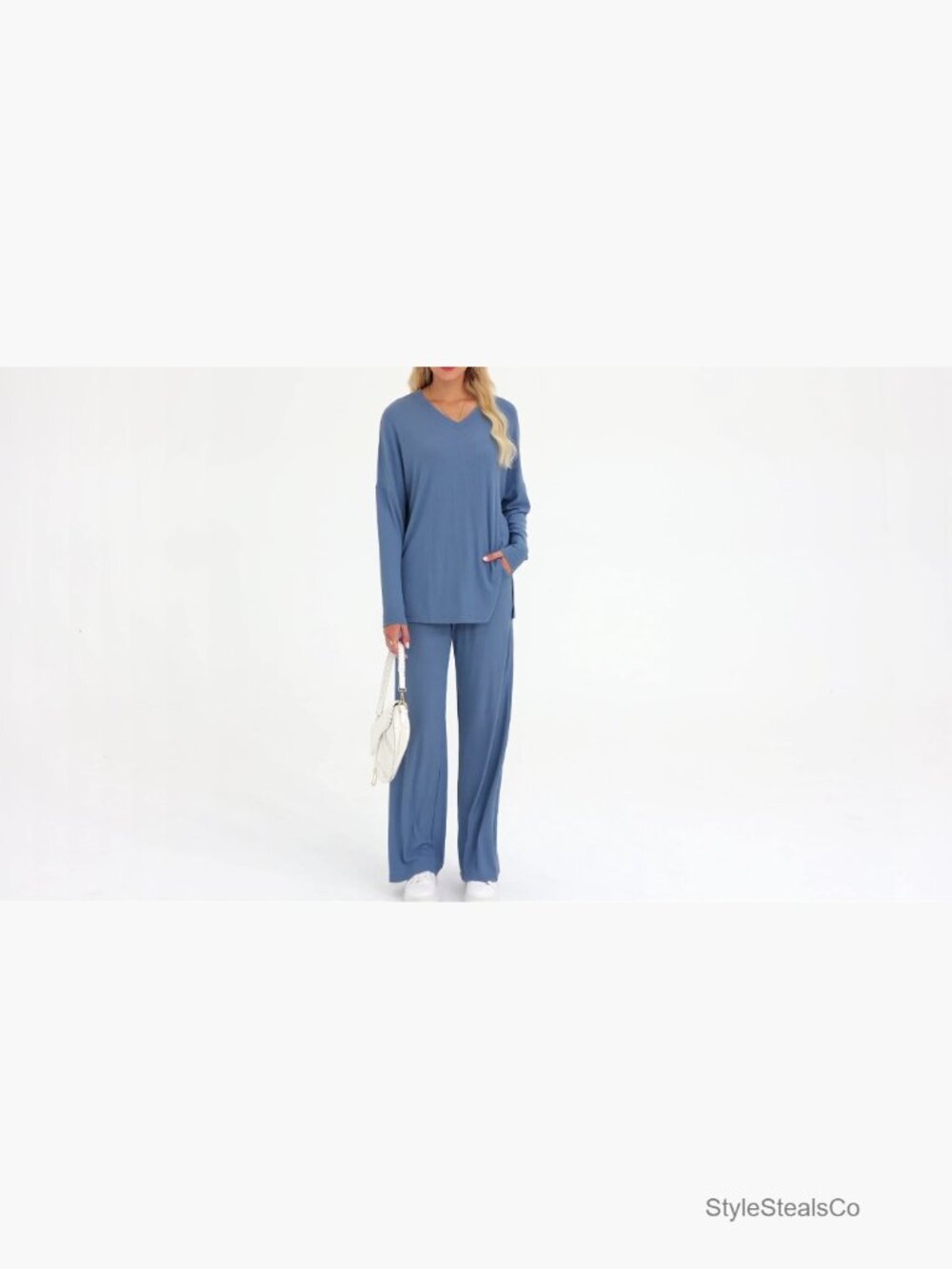 Women's Lounge Set with Soft Ribbed Knit Long Sleeve Top and Wide Leg Pants - Picture 7 of 7
